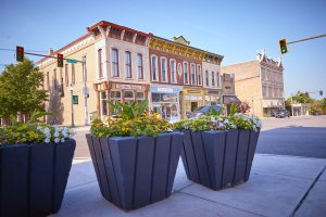 Picture of quaint downtown buildings behind planters with blooming flowers